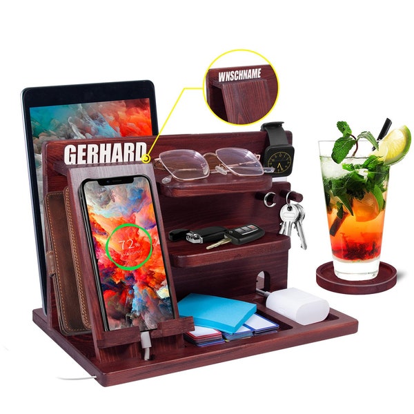 Holz Dockingstation Nachttisch Organizer Schlüsselanhänger Geschenke für männer Geburtstagsgeschenk für männer Personalisierte Geschenke