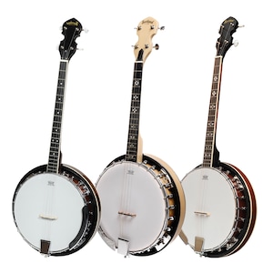 May include: Three banjos with white drumheads and wooden necks are displayed. The banjos have varying colors, including black, natural wood, and dark brown. Each banjo has a metal tailpiece and tuning pegs.