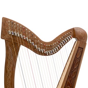 May include: A wooden harp with intricate carvings and strings. The harp features a dark brown finish with detailed Celtic knot and leaf designs. The strings are visible, and the tuning pegs are silver and colored.