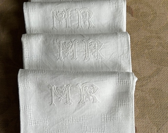 4 antique Art Deco French cotton damask monogrammed M R napkins circa 1930