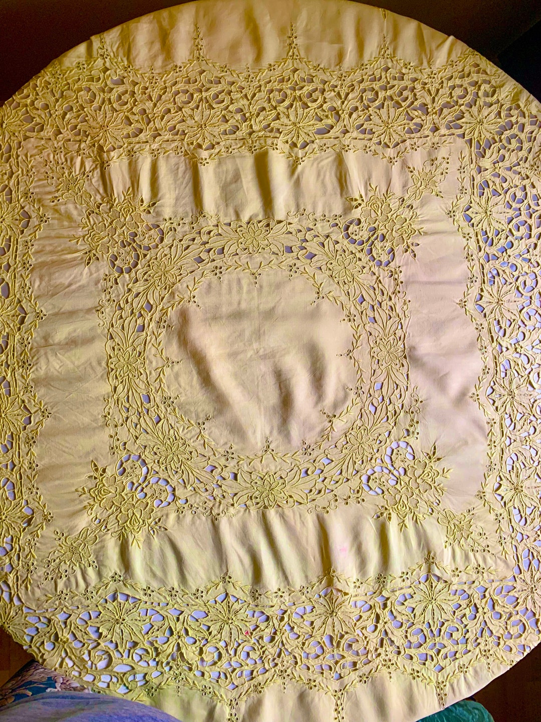 A Vintage Yellow French Linen Richelieu Embroidered Tablecloth Circa
