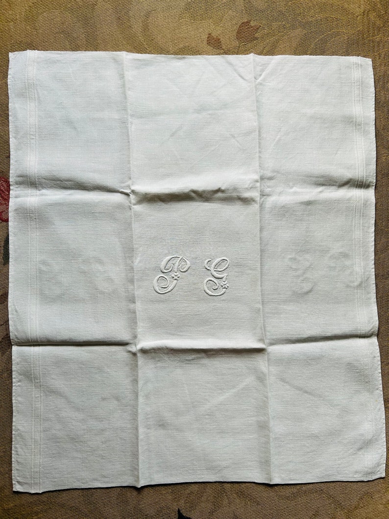 A Set of 5 Antique French Linen Serviettes/ Napkins With an Embroidered Monogram P G Circa 1890