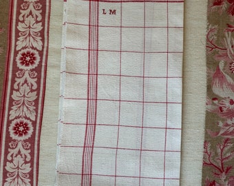 A pair of French métis linen white and red checkered tea towel with embroidered monogram circa 1930’s