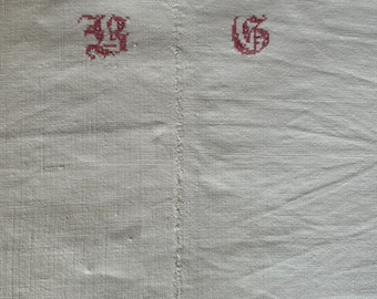 an antique French rustic écru farmhouse sheet, monogrammed BS circa 1900