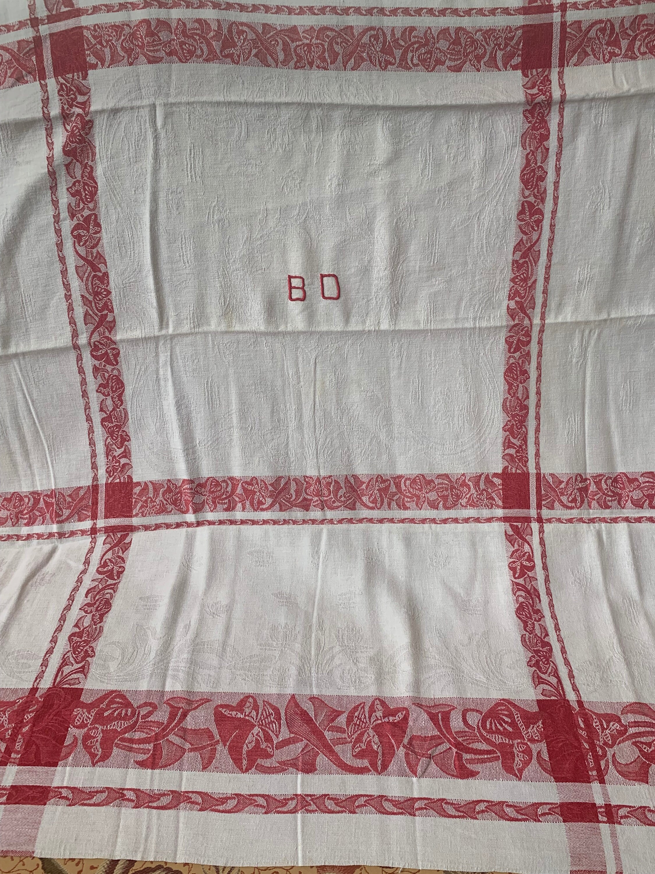Ancienne Nappe Damassée Blanche 100% Coton Monogrammée LM - Rectangulaire