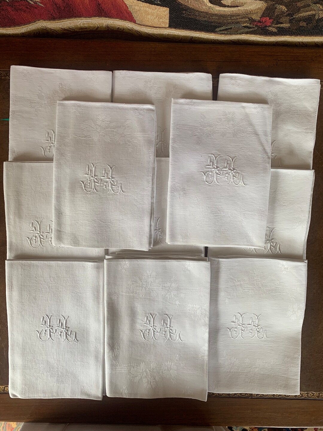 A Set of 12 Antique French White Damask Linen Napkins With Etsy