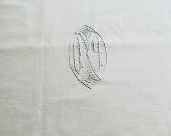 Drap ancien en lin métis blanc Art Déco avec un monogramme AJ brodé vers 1925