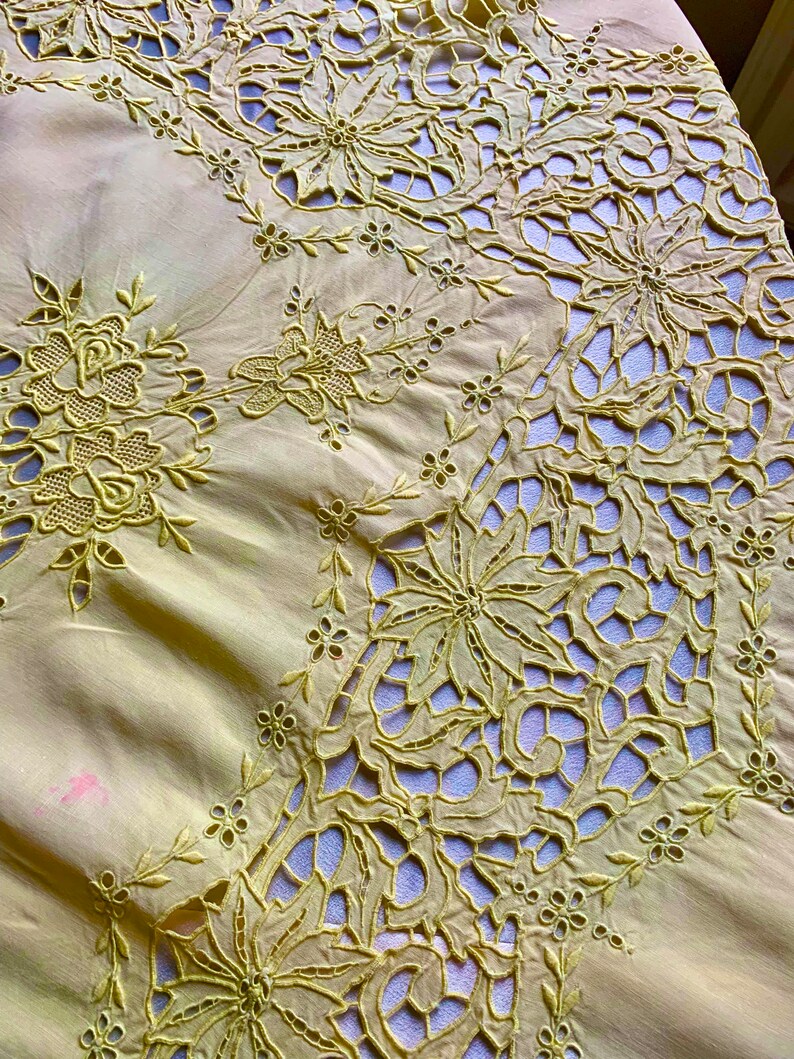 A Vintage Yellow French Linen Richelieu Embroidered Tablecloth Circa