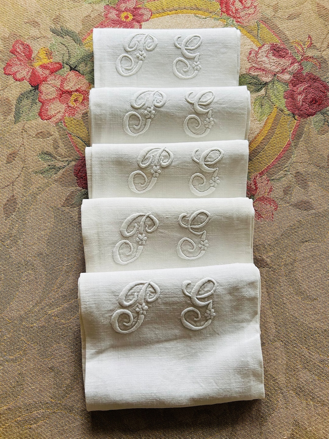 A Set of 5 Antique French Linen Serviettes/ Napkins With an Embroidered Monogram P G Circa 1890