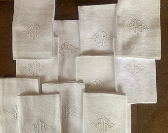 A set of 12 antique French white damask linen embroidered monogrammed Art Déco napkins/ serviettes circa 1930