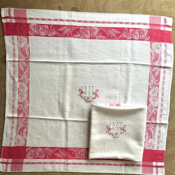 A pair of large antique French white and red damask linen monogrammed napkins circa 1900