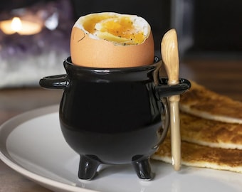 Witches Cauldron Egg Cup by Black Magic, Wooden Broom Spoon China Gift Boxed