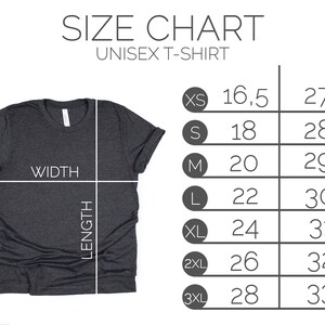 May include: Size chart for a unisex t-shirt. The chart shows the width and length measurements in inches for sizes XS to 3XL.