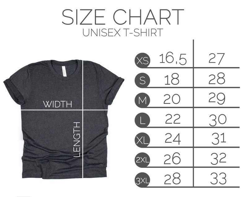 May include: Size chart for a unisex t-shirt. The chart shows the width and length measurements in inches for sizes XS to 3XL.