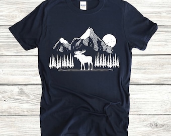 Moose Lover Shirt Cute TShirt for Women Nature Mountains Pine Tree Camping Graphic Tee Gift For Her Or Him Outdoorsy Hiking Apparel Unisex