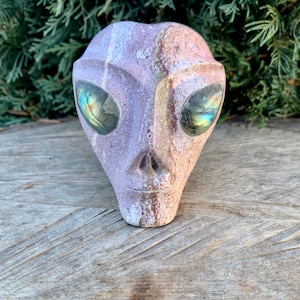 May include: A carved stone alien head sculpture with iridescent labradorite eyes. The sculpture is a light pink color with brown and white accents.
