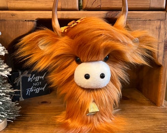 Faux Fur Highland Cow: Orange Accent Decor