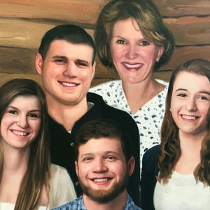 May include: A painting of a family portrait featuring five people. The family is posed in a casual setting with a wood background. The painting is done in a realistic style with a focus on detail.