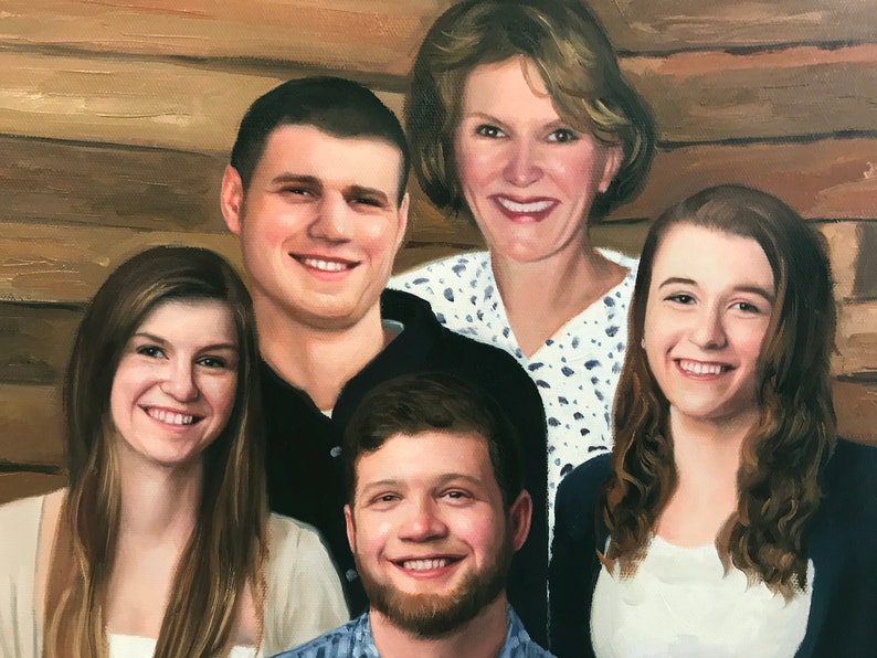 May include: A painting of a family portrait featuring five people. The family is posed in a casual setting with a wood background. The painting is done in a realistic style with a focus on detail.