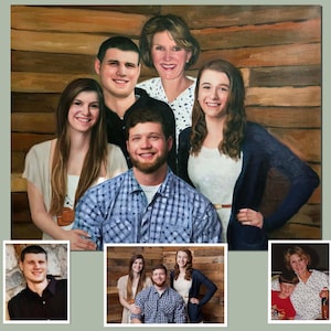May include: A family portrait painting with five people, including two women, two men, and one child. The painting is done in a realistic style and features a wooden background.