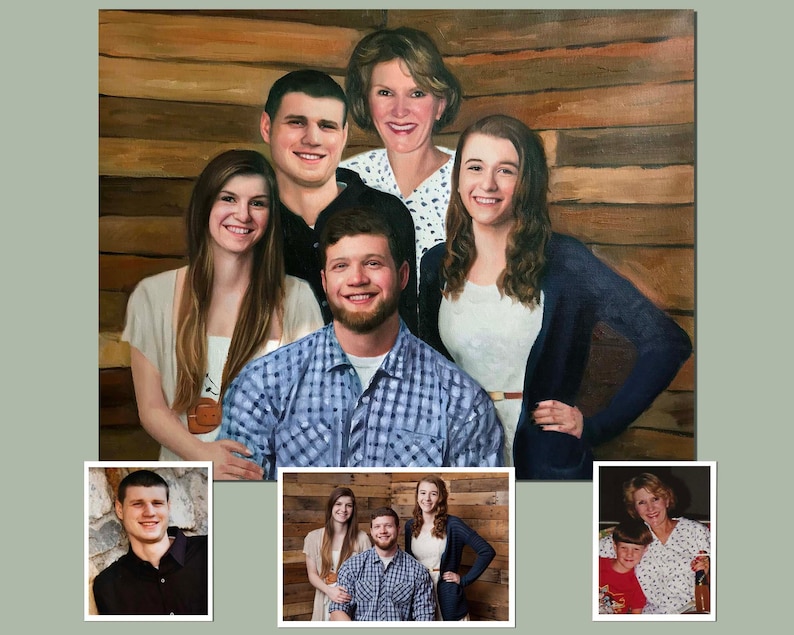 May include: A family portrait painting with five people, including two women, two men, and one child. The painting is done in a realistic style and features a wooden background.