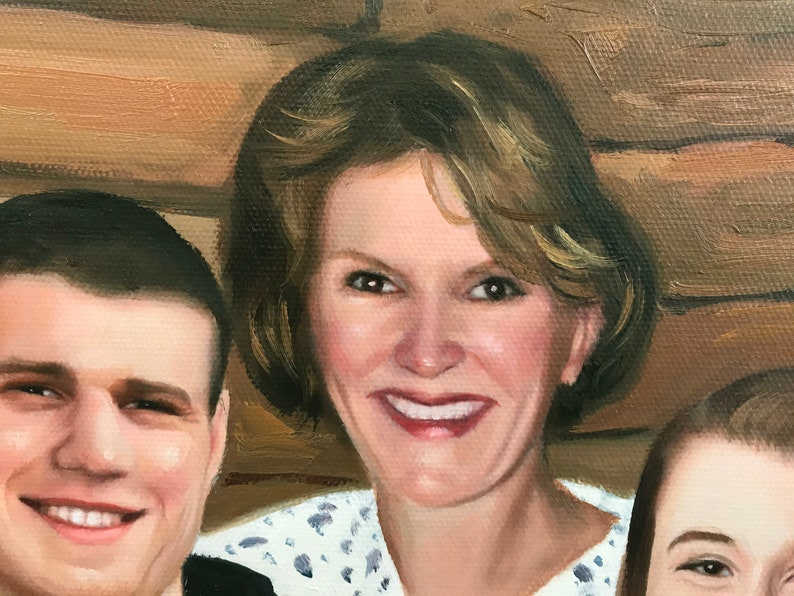 May include: A close-up portrait painting of a family. The woman in the center has short, light brown hair and is smiling. She is wearing a white shirt with a blue pattern. The man on the left has short, dark brown hair and is also smiling. The young girl on the right has long, dark brown hair and is looking at the camera.