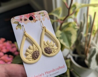 Sunflower Teardrop Dangles - polymer clay - lightweight jewelry - handmade - spring