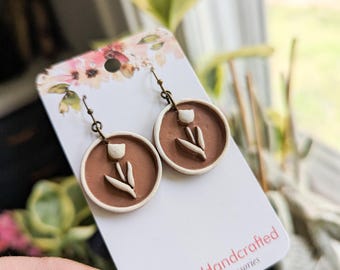 Tulip Circle Dangles - in terracotta with cream - polymer clay - spring