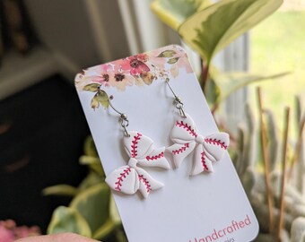 Baseball Bow Earrings - polymer clay - sports jewelry -