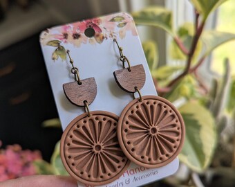 Circle with Embossed Flower - in terracotta - polymer clay - handmade