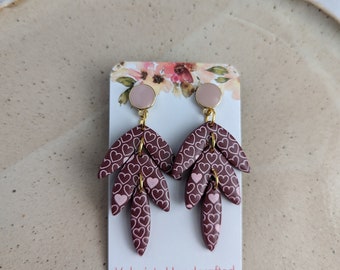 Fern Earrings in Red with Pink Heart Print - Polymer Clay Earrings