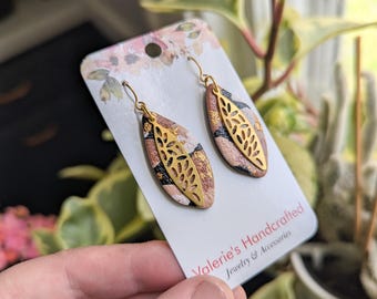 Organic Oval Earrings in terrazzo - with raw brass charm - polymer clay earrings - neutral style