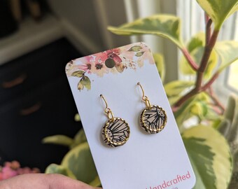 Dainty Circle Dangles - on tan with black floral print - polymer clay - neutral style