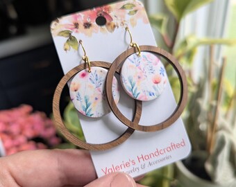 Wood Hoops with Floral Clay Center - polymer clay - spring - summer