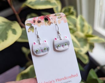 Gray & White Cat Earrings - polymer clay - cat lover - kid styles