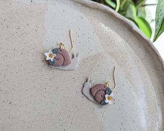 Snail with handcrafted flower design - Polymer Clay Earrings - cottage style