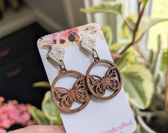 Wood butterfly charm with clay post - polymer clay - insect - spring - neutral
