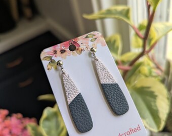 Skinny Tear Drop Dangles - in teal & marbled cream - polymer clay