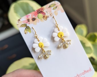 Daisy and Bee Dangles - silver or gold - polymer clay earrings - handmade - spring - summer