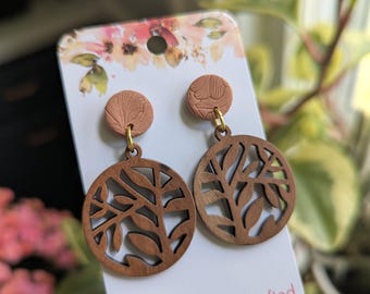 Wood Leaves Charm with Clay Post - polymer clay - neutral - boho style