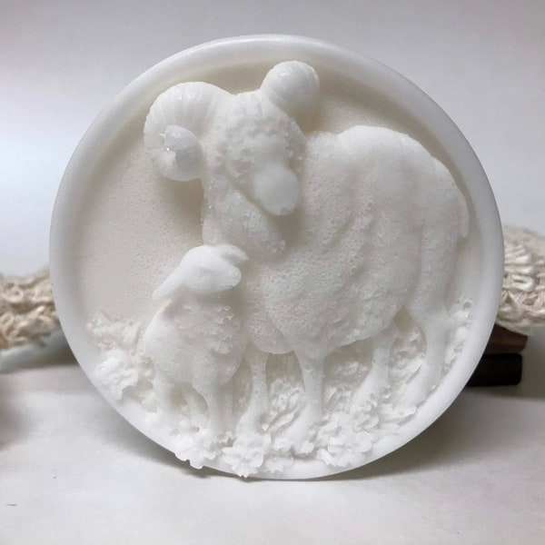 Sheep w/ lamb round soap. Net weight approximately 5 oz.