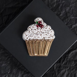 Cupcake embroidered beaded brooch pin, gift for her