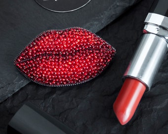 Beaded red lips brooch pin Beaded crystal brooch handmade Valentine day gift