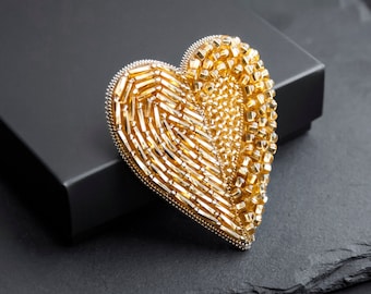 Embroidered brooch Golden heart pin Beaded brooch, gift for her