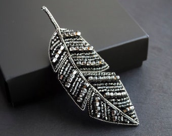 Seed bead brooch Embroidered brooch black silver feather pin Beaded brooch, gift for her