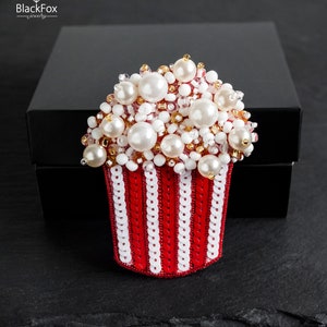 Popcorn container embroidered beaded brooch pin, gift for girl