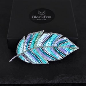Beaded brooch Embroidered brooch feather pin, gift for her