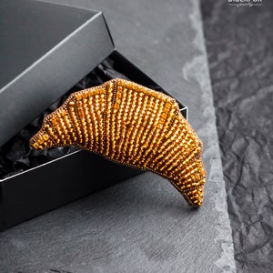 Crystal beaded croissant brooch - Seed beads embroidery pin