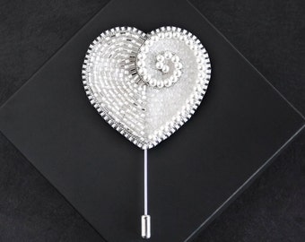 Embroidered pearl heart pin - Beaded heart brooch - Gift for her