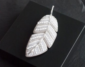 Beaded brooch Embroidered brooch white silver feather pin, gift for her